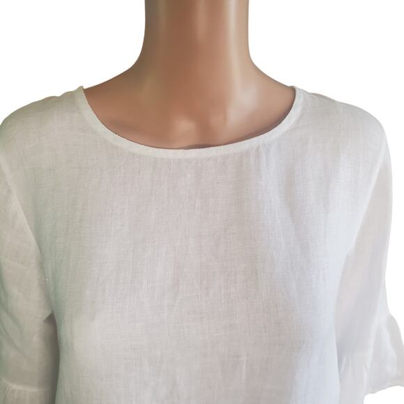 Terzo Millennio Size M White Linen Faux Back Buttons Ruffle Bell 3/4 Sleeve Top - Picture 2 of 10